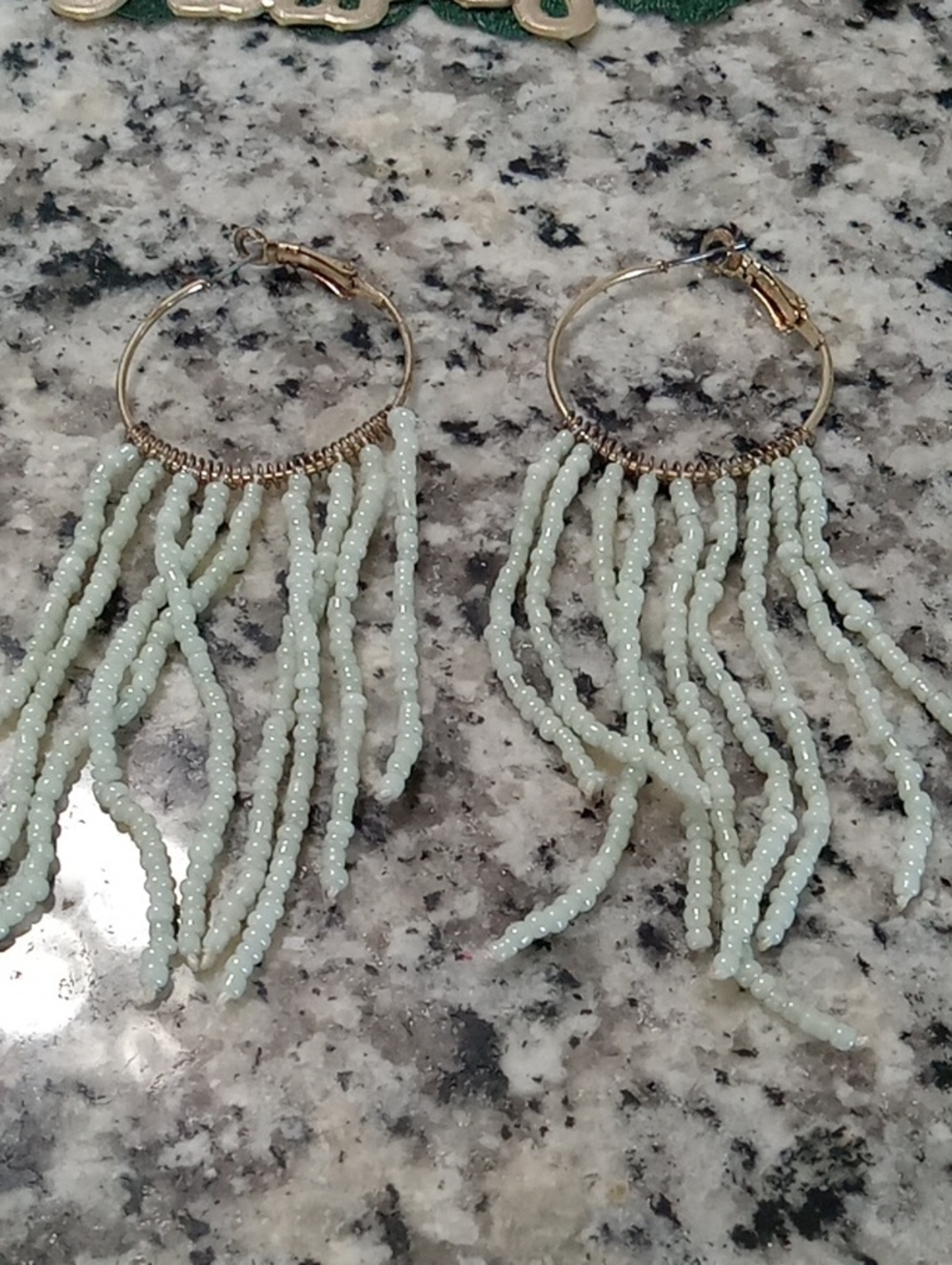 Gold Hoop Fringe Earrings with Mint Green Beads